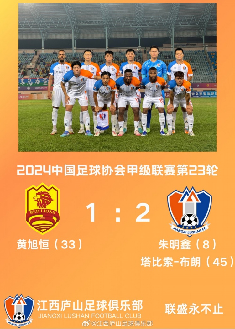 為中秋獻(xiàn)賀禮！ 剛剛結(jié)束的比賽中，江西廬山2-1勝青島紅獅